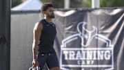 Jul 23, 2025; Houston, TX, USA;  Houston Texans wide receiver Jared Wayne (14) during training camp at Houston Methodist Training Center. Mandatory Credit: Troy Taormina-Imagn Images