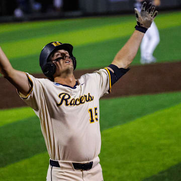 Jun 9, 2025; Durham, NC, USA; Murray St. outfielder Jonathan Hogart (15) celebrates a home run during the seventh inning of the Durham Super Regional against Duke at Jack Coombs Field. 
