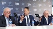 Dallas Cowboys CEO Stephen Jones, head coach Brian Schottenheimer, and owner Jerry Jones speak to the media.
