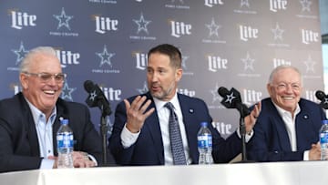 Dallas Cowboys CEO Stephen Jones, head coach Brian Schottenheimer, and owner Jerry Jones speak to the media.