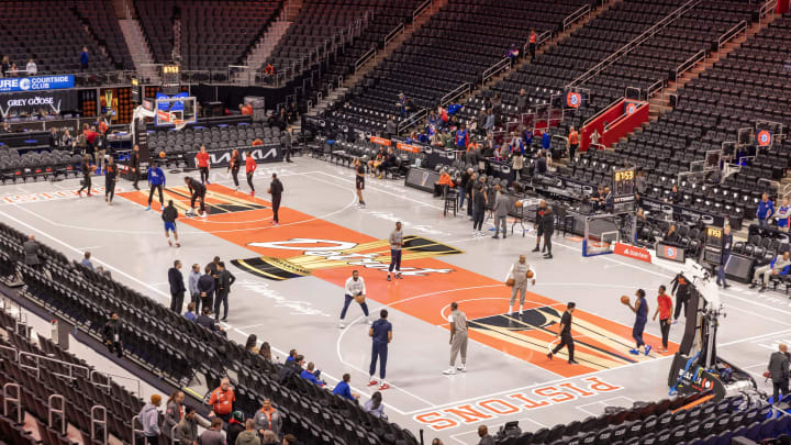 Nov 10, 2023; Detroit, Michigan, USA; A wide view of the brand new Detroit Pistons In-Season Tournament court before the game against the Philadelphia 76ers at Little Caesars Arena. Mandatory Credit: David Reginek-USA TODAY Sports