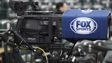  View of a camera with a Fox Sports logo before the game between the Houston Astros and the New York Mets.