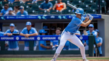 May 23, 2024; Charlotte, NC, USA; North Carolina Tar Heels outfielder Casey Cook (16) at bat against the Pittsburgh Panthers in the second inning during the ACC Baseball Tournament at Truist Field. Mandatory Credit: Scott Kinser-USA TODAY Sports