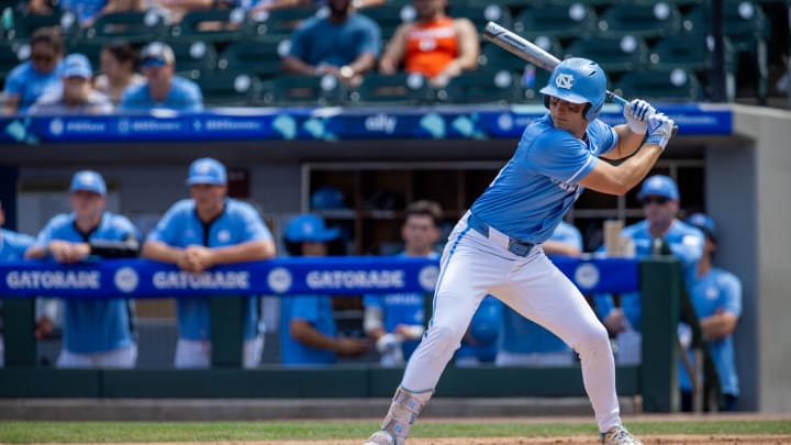 May 23, 2024; Charlotte, NC, USA; North Carolina Tar Heels outfielder Casey Cook (16) at bat against the Pittsburgh Panthers in the second inning during the ACC Baseball Tournament at Truist Field. Mandatory Credit: Scott Kinser-USA TODAY Sports