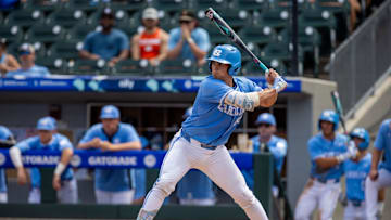 May 23, 2024; Charlotte, NC, USA; North Carolina Tar Heels catcher Luke Stevenson (44) at bat in the third inning against the Pittsburgh Panthers during the ACC Baseball Tournament at Truist Field. Mandatory Credit: Scott Kinser-Imagn Images