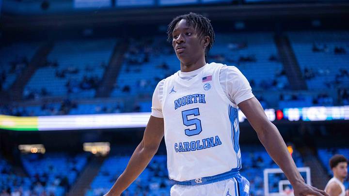 Nov 14, 2025; Chapel Hill, North Carolina, USA; North Carolina Tar Heels guard Isaiah Denis (5) guards an inbound pass during the second half against the North Carolina Central Eagles at Dean E. Smith Center. Mandatory Credit: Scott Kinser-Imagn Images