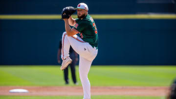 May 23, 2024; Charlotte, NC, USA; Miami (Fl) Hurricanes pitcher Gage Ziehl (31) starts against the Clemson Tigers during the ACC Baseball Tournament at Truist Field. Mandatory Credit: Scott Kinser-USA TODAY Sports