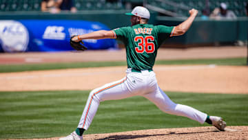 May 23, 2024; Charlotte, NC, USA; Miami (Fl) Hurricanes pitcher Nick Robert (36) comes in as relief in the seventh inning against the Clemson Tigers during the ACC Baseball Tournament at Truist Field.