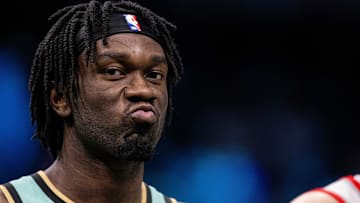 Charlotte Hornets center Mark Williams (5) reacts during the third quarter against the Portland Trail Blazers at Spectrum Center.