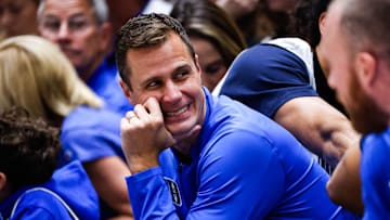 Oct 3, 2025; Durham, NC, USA; Duke Blue Devils head coach Jon Scheyer smiles during the Countdown to Craziness at the Cameron Indoor Stadium. Mandatory Credit: Jaylynn Nash-Imagn Images
