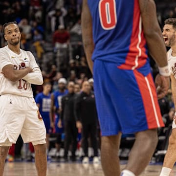Cleveland Cavaliers guard Garland folds his arms after hitting a three point buzzer beating basket to win the game against the Detroit Pistons at Little Caesars Arena. 