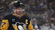 Pittsburgh Penguins center Sidney Crosby looks on at the face-off circle against the Ottawa Senators.