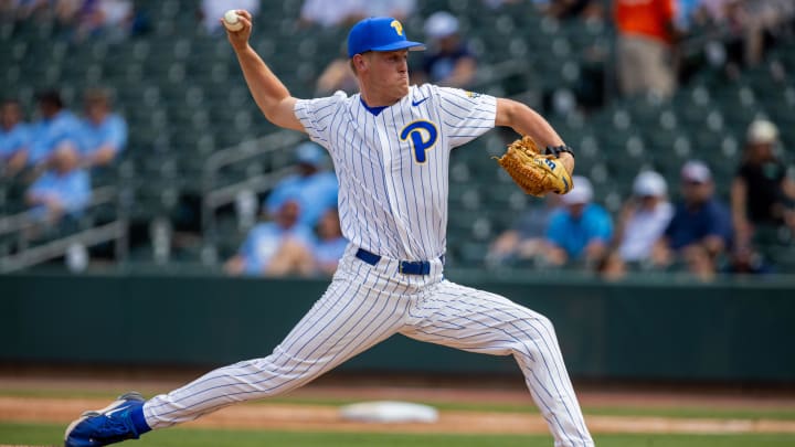 May 23, 2024; Charlotte, NC, USA; Pittsburgh Panthers pitcher Jack Sokol (43) pitched in the third inning against the North Carolina Tar Heels during the ACC Baseball Tournament at Truist Field. Mandatory Credit: Scott Kinser-USA TODAY Sports