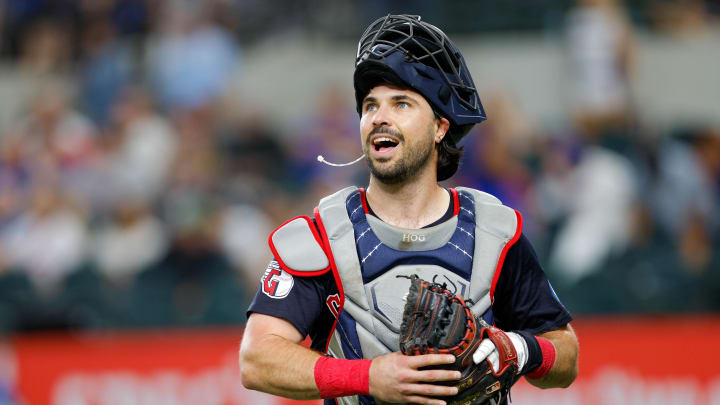 May 15, 2024; Arlington, Texas, USA; Cleveland Guardians catcher Austin Hedges (27) comes off the field in the middle of the first inning against the Texas Rangers at Globe Life Field. Mandatory Credit: Andrew Dieb-USA TODAY Sports