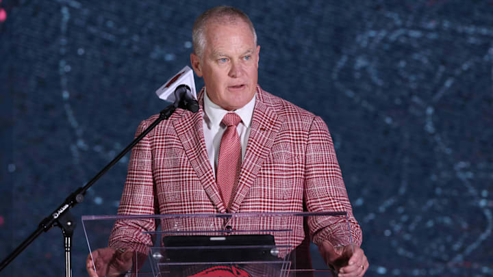 Dec 1, 2025; Fayetteville, AR, USA; Arkansas Razorbacks vice chancellor and director of athletics Hunter Yurachek speaks at a public celebration introducing the head football coach, Ryan Silverfield (not pictured) held at the Walker Indoor Pavilion. Mandatory Credit: Nelson Chenault-Imagn Images
