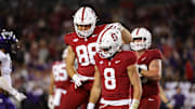 Aug 30, 2024; Stanford, California, USA; Stanford Cardinal quarterback Justin Lamson (8) celebrates after scoring a touchdown during the second half against the TCU Horned Frogs at Stanford Stadium. Mandatory Credit: Sergio Estrada-Imagn Images