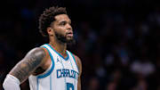 Mar 7, 2025; Charlotte, North Carolina, USA; Charlotte Hornets forward Miles Bridges (0) looks on during a break against the Cleveland Cavaliers during the third quarter at Spectrum Center. Mandatory Credit: Scott Kinser-Imagn Images