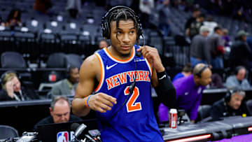 Mar 10, 2025; Sacramento, California, USA; New York Knicks guard Miles McBride (2) is interviewed by media after the game against the Sacramento Kings at Golden 1 Center. Mandatory Credit: Sergio Estrada-Imagn Images
