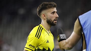 Mar 29, 2025; Washington, District of Columbia, USA; Columbus Crew forward Diego Rossi (10) speaks to the media after defeating D.C. United at Audi Field. Mandatory Credit: Amber Searls-Imagn Images