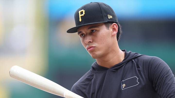 Jul 27, 2026; Pittsburgh, Pennsylvania, USA;  Pittsburgh Pirates outfielder Derek Curiel looks on during batting practice before the Pirates host the Arizona Diamondbacks at PNC Park. Mandatory Credit: Charles LeClaire-Imagn Images