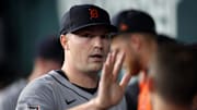 Jul 20, 2025; Arlington, Texas, USA; Detroit Tigers pitcher Tarik Skubal (29) is congratulated by his teammates in the dugout during the seventh inning against the Texas Rangers at Globe Life Field. 