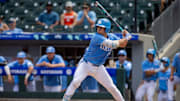 May 23, 2024; Charlotte, NC, USA; North Carolina Tar Heels catcher Luke Stevenson (44) at bat in the third inning against the Pittsburgh Panthers during the ACC Baseball Tournament at Truist Field. Mandatory Credit: Scott Kinser-Imagn Images