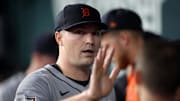 Jul 20, 2025; Arlington, Texas, USA; Detroit Tigers pitcher Tarik Skubal (29) is congratulated by his teammates in the dugout during the seventh inning against the Texas Rangers at Globe Life Field.