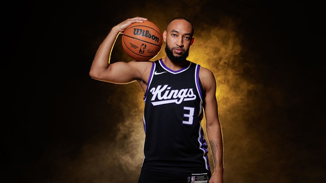 Sep 30, 2024; Sacramento, CA, USA; Sacramento Kings guard Jordan McLaughlin (3) during media day at Golden 1 Center. Mandatory Credit: Sergio Estrada-Imagn Images