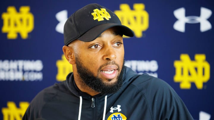 Notre Dame wide receivers coach Mike Brown addresses media after a Notre Dame football practice at Irish Athletic Center on Thursday, Aug. 15, 2024, in South Bend.