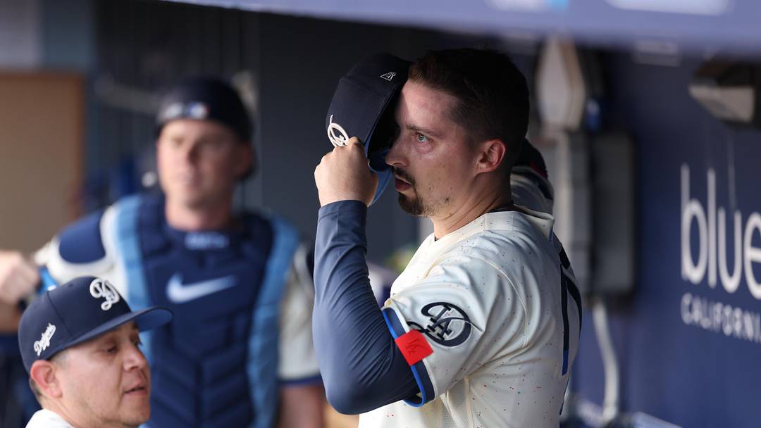 Los Angeles Dodgers pitcher Blake Snell (7) in the dugout prior to his first start of the season in game against the Atlanta Braves at Dodger Stadium on May 9.