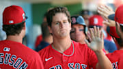 Feb 28, 2025; Clearwater, Florida, USA; Boston Red Sox outfielder Roman Anthony (48) is congratulated after he scored a run against the Philadelphia Phillies  during the third inning  at BayCare Ballpark. Mandatory Credit: Kim Klement Neitzel-Imagn Images
