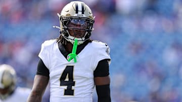 New Orleans Saints CB Kool-Aid McKinstry (4) looks on during a game against the Chicago Bears on Oct. 19, 2025.