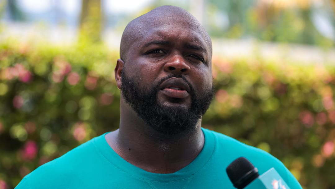 Jun 10, 2025; Miami, FL, USA; Miami Dolphins defensive tackle Benito Jones (95) speaks to reporters after practicing during mandatory minicamp at Hard Rock Stadium.  