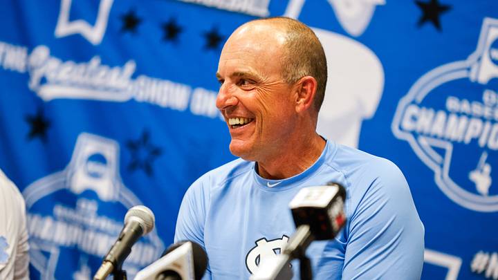 Jun 8, 2025; Chapel Hill, NC, USA;  North Carolina head coach Scott Forbes during an interview with the media after a Super Regionals game against North Carolina in Chapel Hill, North Carolina. Scott Forbes also celebrates his 200th win. Mandatory Credit: Jaylynn Nash-Imagn Images