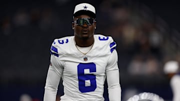 Aug 22, 2025; Arlington, Texas, USA; Dallas Cowboys safety Donovan Wilson (6) prior to the game against the Atlanta Falcons at AT&T Stadium. Mandatory Credit: Andrew Dieb-Imagn Images