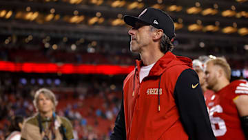 Dec 30, 2024; Santa Clara, California, USA; San Francisco 49ers head coach Kyle Shanahan walks off the field after the game against the Detroit Lions at Levi's Stadium. Mandatory Credit: Sergio Estrada-Imagn Images