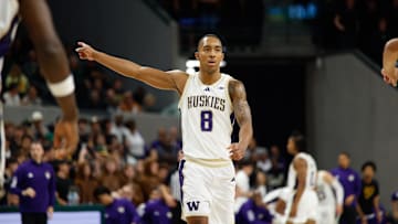 Nov 9, 2025; Waco, Texas, USA;  Washington Huskies forward Bryson Tucker (8) reacts to a call against the Baylor Bears during the first half at Paul and Alejandra Foster Pavilion. Mandatory Credit: Chris Jones-Imagn Images