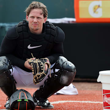 Feb 16, 2025; Sarasota, FL, USA; Baltimore Orioles catcher Adley Rutschman (35) during spring training workouts at Ed Smith Stadium.