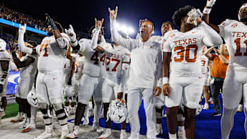 Oct 18, 2025; Lexington, Kentucky, USA; Texas Longhorns head coach Steve Sarkisian celebrates with his team after winning the game against the Kentucky Wildcats at Kroger Field.