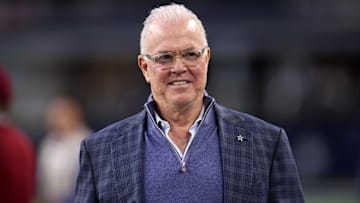 Dallas Cowboys CEO Stephen Jones walks on the field before the game against the Tampa Bay Buccaneers at AT&T Stadium.