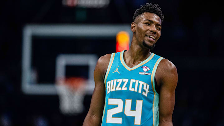 Apr 7, 2024; Charlotte, North Carolina, USA; Charlotte Hornets forward Brandon Miller (24) looks on during the second quarter against the Oklahoma City Thunder at Spectrum Center. Mandatory Credit: Scott Kinser-USA TODAY Sports