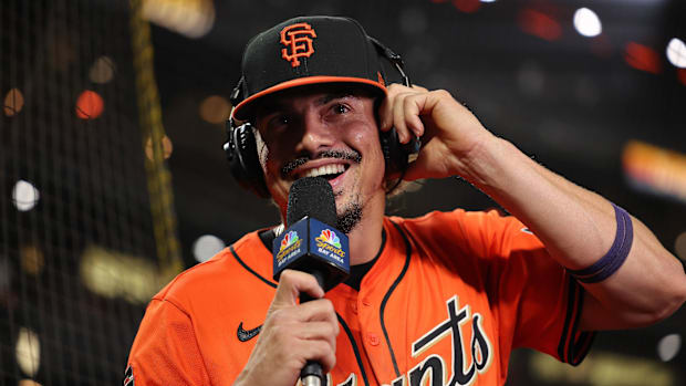 San Francisco Giants shortstop Willy Adames smiles as he speaks to the media after the game against the Colorado Rockies