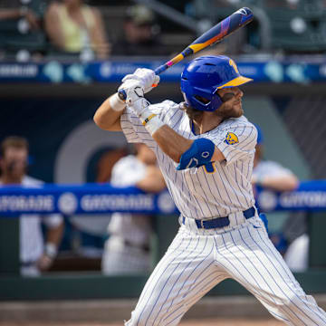 May 23, 2024; Charlotte, NC, USA; Pittsburgh Panthers infielder Jake Kendro (4) at bat in the seventh inning against the North Carolina Tar Heels during the ACC Baseball Tournament at Truist Field. Mandatory Credit: Scott Kinser-Imagn Images