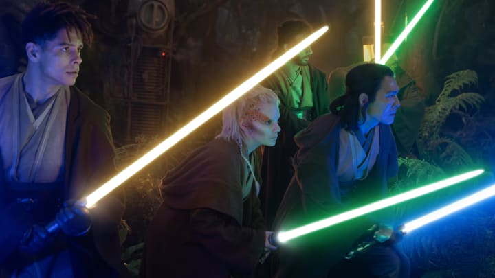 (L-R, front row): Yord Fandar (Charlie Barnett), Jedi Padawan Jecki Lon (Dafne Keen) and Master Sol (Lee Jung-jae) in Lucasfilm's THE ACOLYTE, exclusively on Disney+. ©2024 Lucasfilm Ltd. & TM. All Rights Reserved.