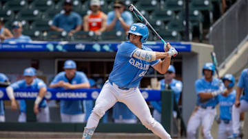 May 23, 2024; Charlotte, NC, USA; North Carolina Tar Heels catcher Luke Stevenson (44) at bat in the third inning against the Pittsburgh Panthers during the ACC Baseball Tournament at Truist Field. Mandatory Credit: Scott Kinser-Imagn Images