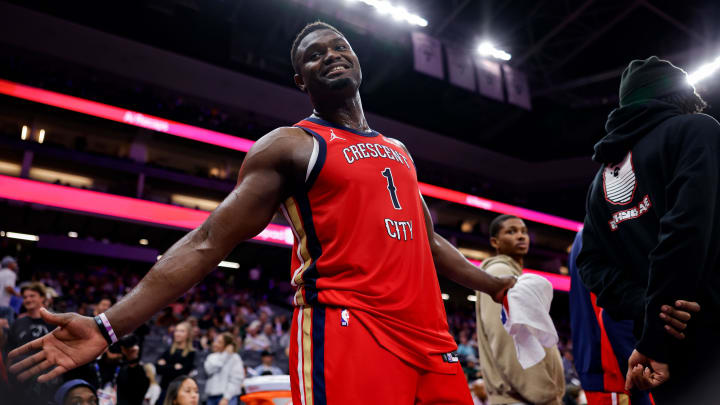 Apr 2, 2024; Sacramento, California, USA; New Orleans Pelicans forward Zion Williamson (1) smiles to a fan during the fourth quarter against the Sacramento Kings at Golden 1 Center.