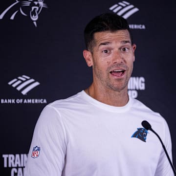 Jul 24, 2025; Charlotte, NC, USA; Carolina Panthers head coach Dave Canales speaks to the media after practice at training camp. Mandatory Credit: Scott Kinser-Imagn Images