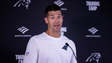 Jul 24, 2025; Charlotte, NC, USA; Carolina Panthers head coach Dave Canales speaks to the media after practice at training camp. Mandatory Credit: Scott Kinser-Imagn Images