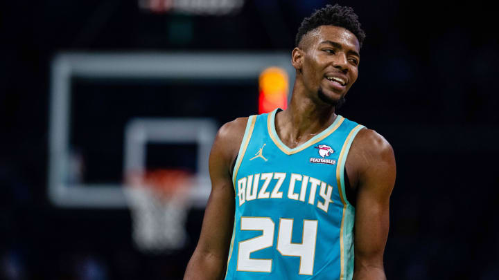 Apr 7, 2024; Charlotte, North Carolina, USA; Charlotte Hornets forward Brandon Miller (24) looks on during the second quarter against the Oklahoma City Thunder at Spectrum Center. Mandatory Credit: Scott Kinser-USA TODAY Sports