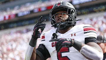Oct 19, 2024; Norman, Oklahoma, USA;  South Carolina Gamecocks running back Raheim Sanders (5) reacts after scoring a touchdown during the first half against the Oklahoma Sooners at Gaylord Family-Oklahoma Memorial Stadium. Mandatory Credit: Kevin Jairaj-Imagn Images